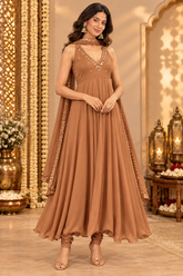 Brown Georgette Halter Neck Anarkali Kurta Set
