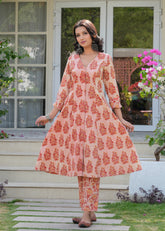 Carrot Red Vanaspati Print A-Line Kurta Set