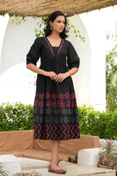 Black Hand Enbellished Lotus Print Midi Dress