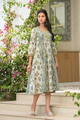 Blue Grey Embroidered Vanaspati Print Midi Dress