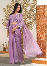 Lavender Mocktail Hand Embroidered Jacket Pre Draped Saree