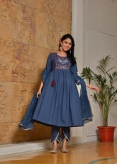 Teal-Blue Meenakari Zari/Resham Work Anarkali Kurta Dupatta Set