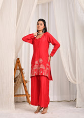 Jag Mag Mahal Embroidered A-Line Co-ord Set-RED