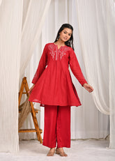 Saaj Sheesh Mahal Mul Chanderi Co-ord Set-Red