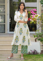 Gulnaar White Green A-Line Kurta Set
