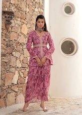 Onion Pink Bada Phool Hand Work Jacket Style Kurta with Drape Skirt