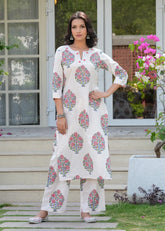 Gulnaar White Hand Blocked Straight Kurta Set