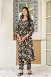 Bagru Print Black Kohl A-Line Kurta Set