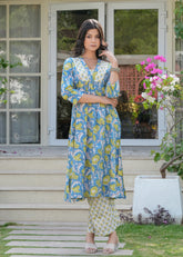 Aqua Floral Hand Blocked A-Line Kurta Set