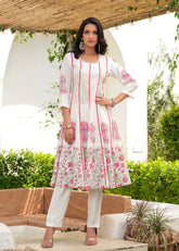 Aabha Pristine White Hand Blocked Anarkali Set
