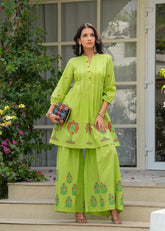 Tota Green hand Blocked Cotton Pintuck Kurta Sharara Set