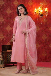 Baby Pink Hand Painted Straight Kurta Dupatta Set