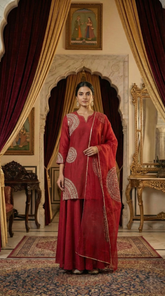 Maroon Pure Slub Silk Dori Work Straight Kurta and Sharara Set