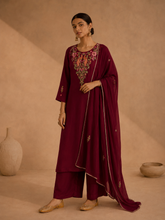 Maroon Pure Muslin Resham Embroidered A- Line Kurta Set