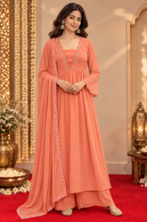 Peach Georgette A-Line Gathered Kurta Dupatta Set