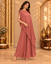 Peach Georgette Asymmetrical Fusion Coord Set