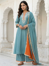 Powder Blue Mal Chanderi Gota Embroidered A-Line Suit Set