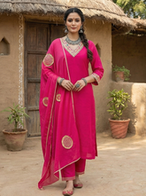Fuchsia Pink Pure Mul Chanderi Hand Gota Patti Work A-Line Suit Set