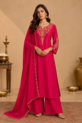 Rani Pink Pure Mul Chanderi Dori Work A-Line Kurta Set