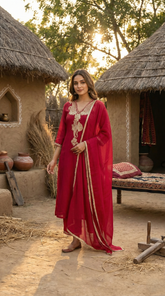 Red Pure Mul Chanderi Zari & Dori Embroidered A-Line Suit Set