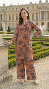 Rust Cotton Schiffli Floral Printed Co-ord Set