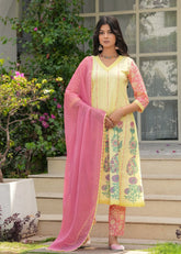 Abhaa Sunset Yellow Hand Block Print Anarkali Set