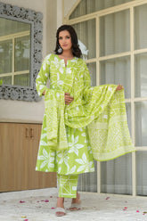 Lime Green A-Line Cotton Kurta Set