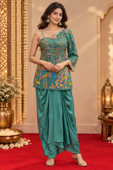 Sea Green One Shoulder Short Kurti with Draped Skirt Fusion Set