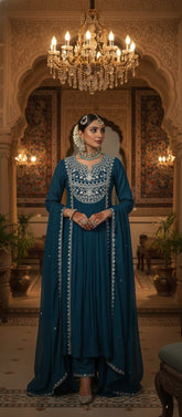 Blue Pure Mul Chanderi Zari Embroidered A-Line Gathered Suit Set