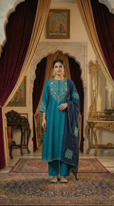 Turquoise Pure Silk Zari Work A-Line Kurta Set with Patchwork Dupatta
