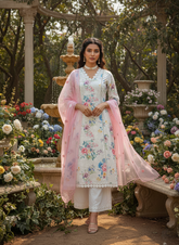 White Cotton Schiffli Printed Suit Set