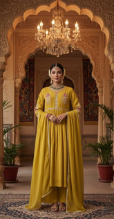Yellow Pure Mul Chanderi Zari Embroidered A-Line Gathered Suit Set
