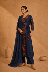 Blue Pure Muslin Resham Embroidered Angrakha Pattern A-Line Kurta Set