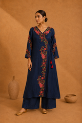 Blue Pure Muslin Resham Embroidered Angrakha Pattern A-Line Kurta Set