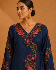 Blue Pure Muslin Resham Embroidered Angrakha Pattern A-Line Kurta Set