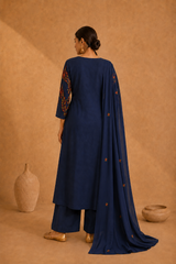 Blue Pure Muslin Resham Embroidered Angrakha Pattern A-Line Kurta Set