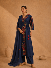Blue Pure Muslin Resham Embroidered Angrakha Pattern A-Line Kurta Set