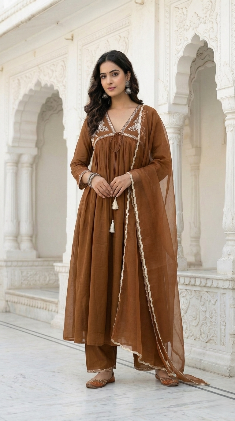 Brown Mal Chanderi Dori Embroidered A-Line Gathered Suit Set