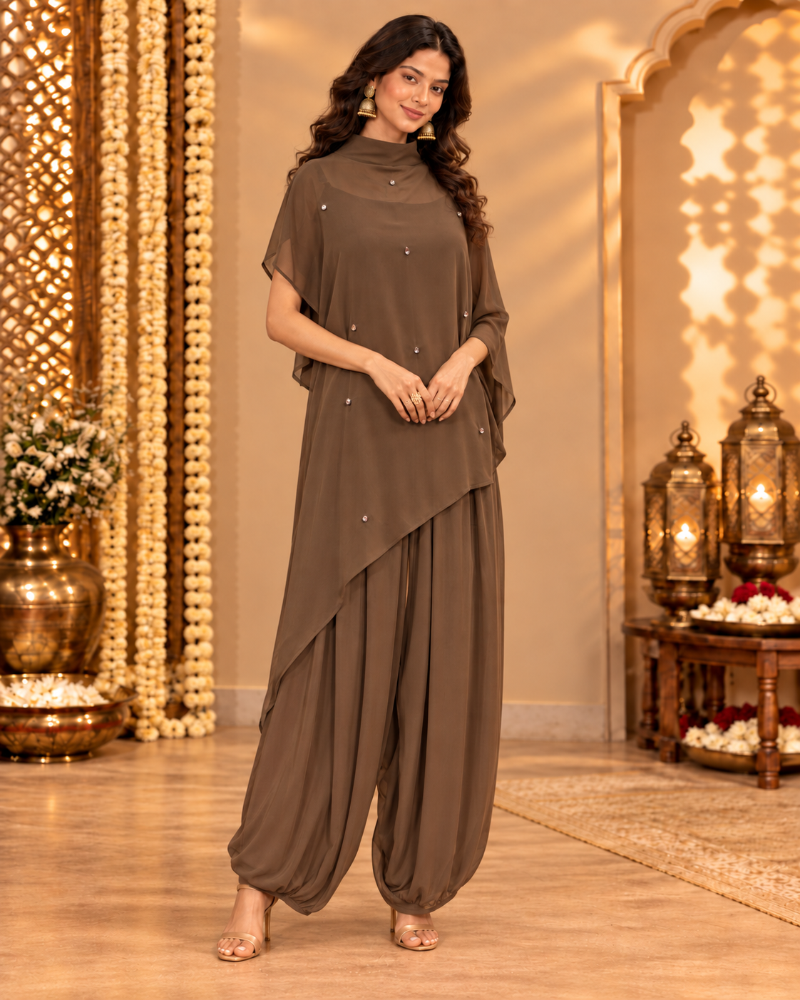 Brown Georgette Asymmetrical Fusion Coord Set