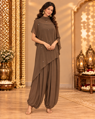 Brown Georgette Asymmetrical Fusion Coord Set