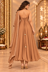 Brown Georgette Halter Neck Anarkali Kurta Set