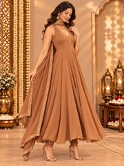 Brown Georgette Halter Neck Anarkali Kurta Set