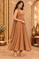 Brown Georgette Halter Neck Anarkali Kurta Set
