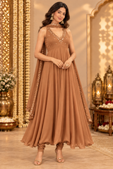 Brown Georgette Halter Neck Anarkali Kurta Set