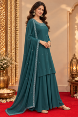 Teal Green Georgette Straight Kurta And Sharara Set