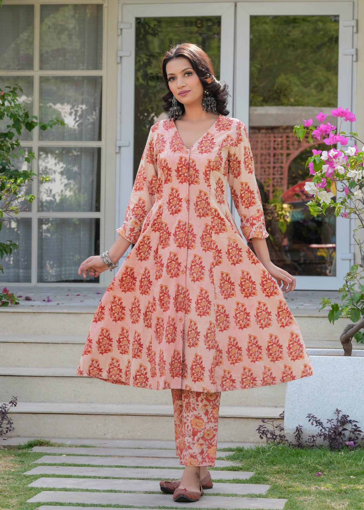 Carrot Red Vanaspati Print A-Line Kurta Set