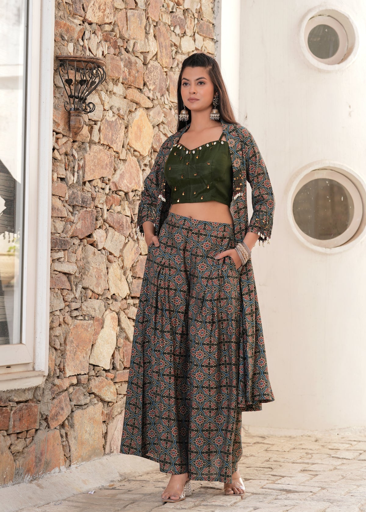 Moss Green Chanderi Jacket & Palazzo Fusion Set