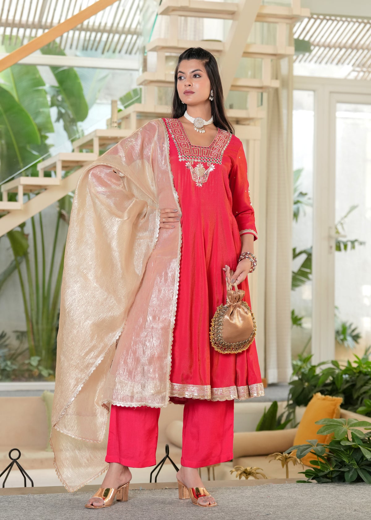 Red Sindoori Mirror Work Anarkali Set with Tissue Dupatta
