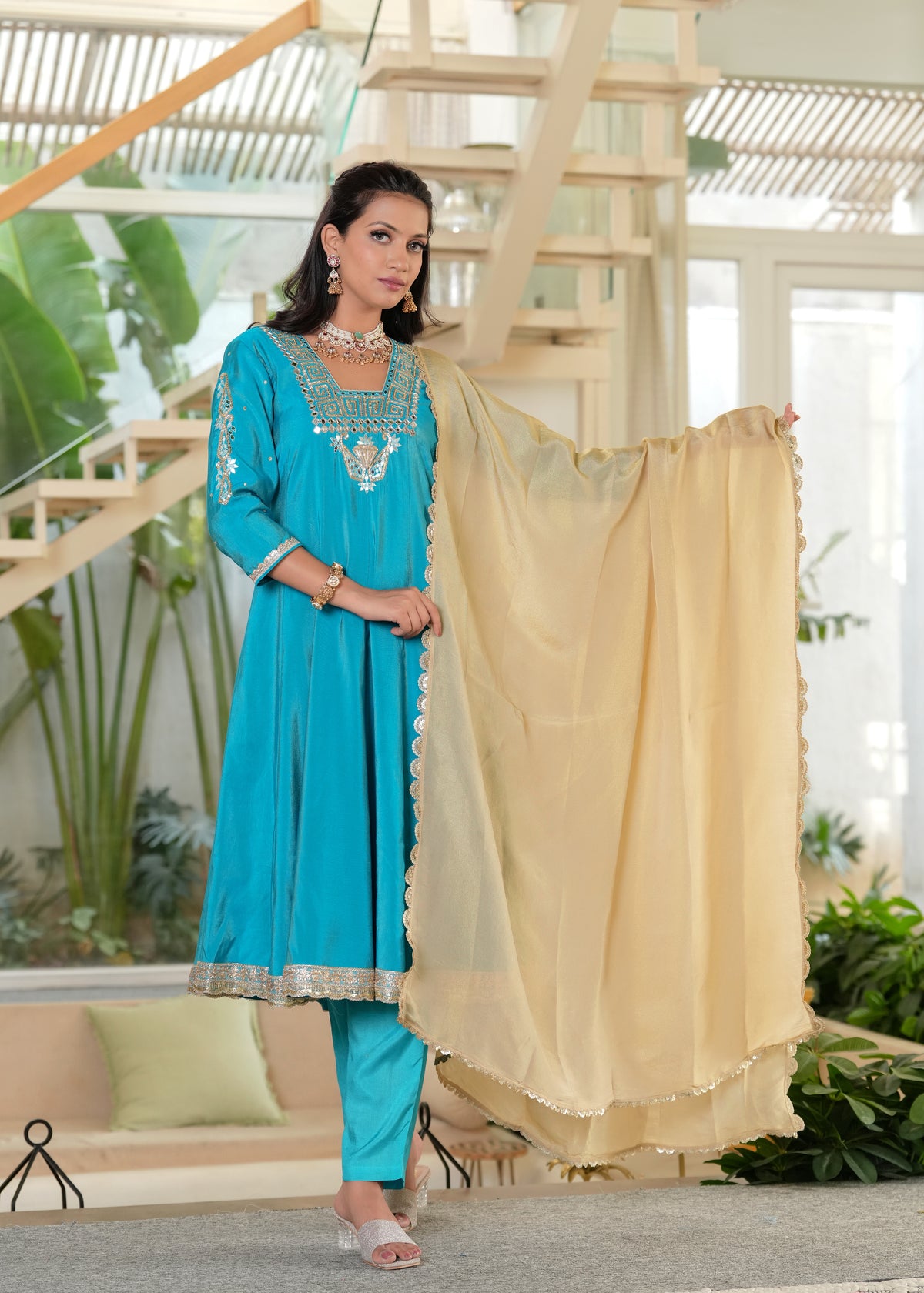 Turquoise Firoza Mirror Work Anarkali Set with Tissue Dupatta