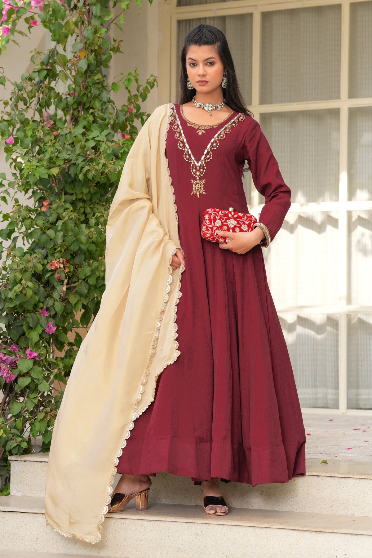 Maroon Rani Haar Marsala Anarkali Dress with Tissue Dupatta